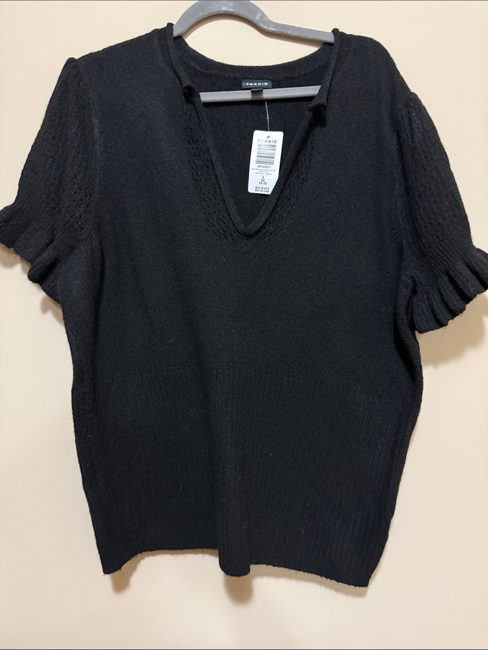 Torrid Black V‑Neck Short Sleeve Knit Top with Ruffle Sleeves